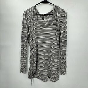 prAna Large Striped Hooded Tunic Top Womens Black White Long Sleeve Ruched Side‎
